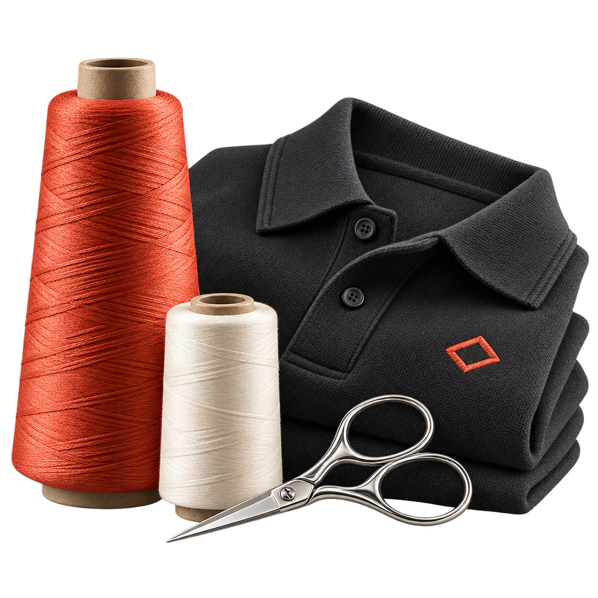 Charcoal embroidered polo with orange-red and ivory thread spools and embroidery scissors