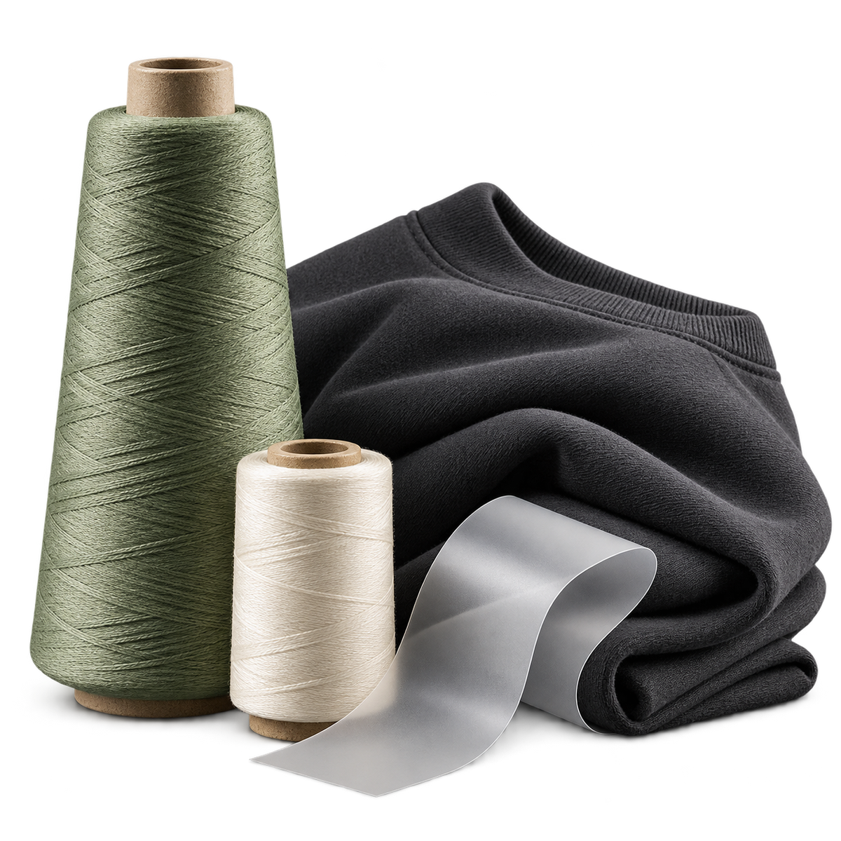 Isolated embroidery thread cones, folded charcoal fabric and translucent transfer film