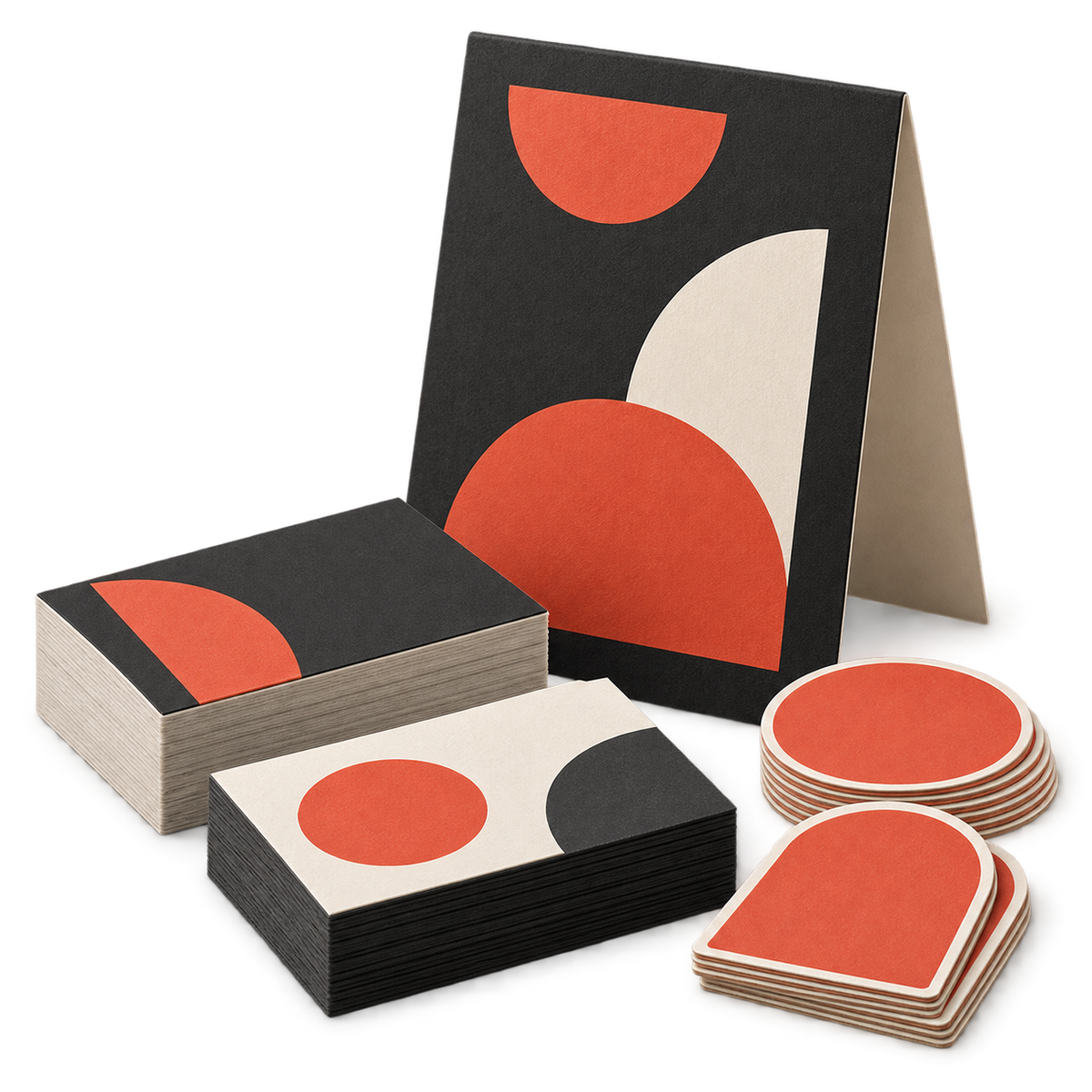 Printed business cards, geometric stickers and display sign in charcoal, cream and orange-red