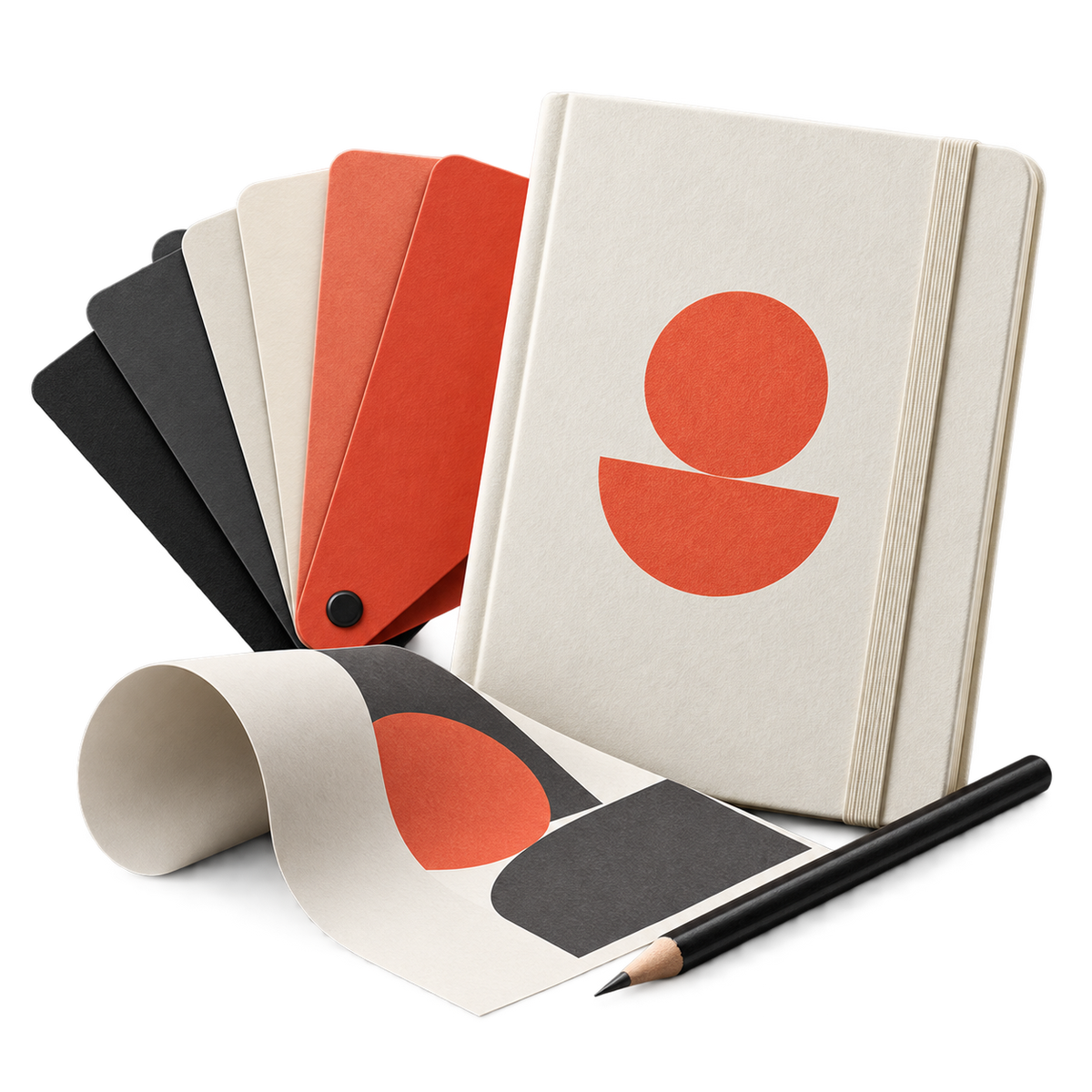 Cream sketchbook, colour swatches and printed artwork in orange-red and charcoal