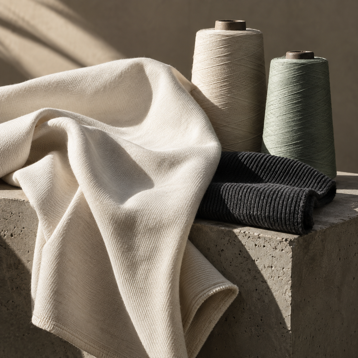 Natural cotton fabric and thread cones in directional sunlight