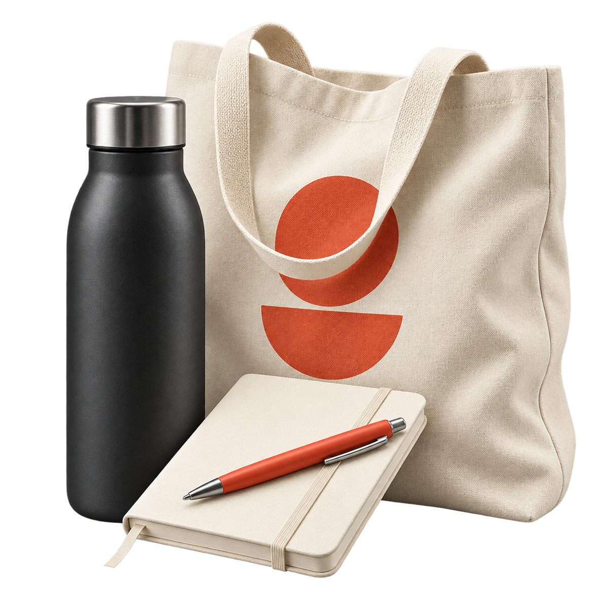 Cream tote bag, charcoal bottle, notebook and orange-red pen